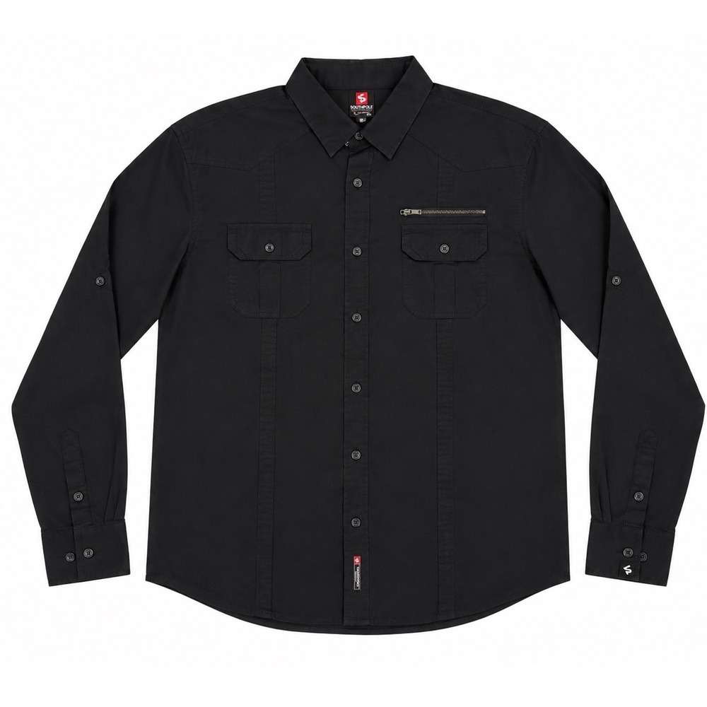 Southpole Mens XXL Black Utility Button Down Shirt Western Yoke Roll‎ Tab Sleeve